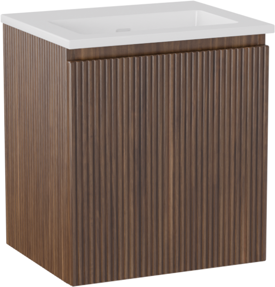 Storke Ribs meuble salle de bains suspendu 45 x 35 cm noyer avec Diva plan simple en marbre composite blanc brillant, Nervure droite symétrique verticale