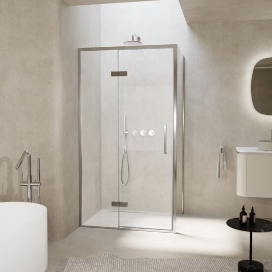 Balmani Senses Design douchehoek met linkse draaideur en vaste zijwand, 100 x 90 cm, Helder glas, Chroom profielen, met coating