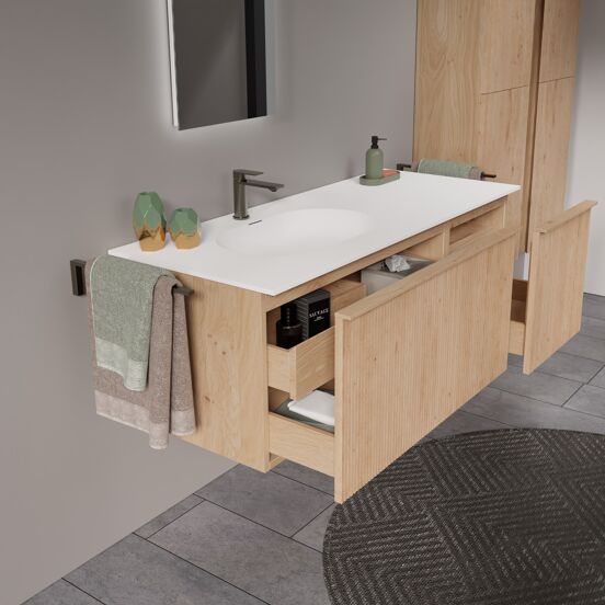 Balmani Forma meuble salle de bains suspendu 135 x 55 cm chêne naturel avec Tablo Oval vasque asymétrique gauche en solid surface blanc mat, Nervure droite symétrique verticale