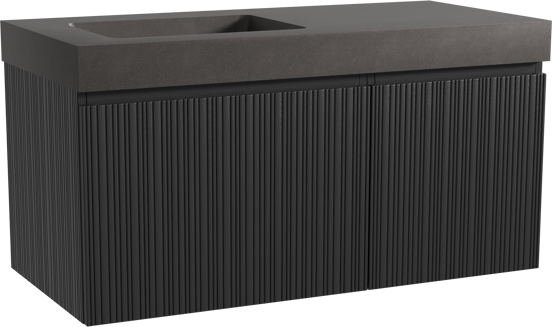 Storke Ribs meuble salle de bains suspendu 110 x 52 cm chêne noir avec Scuro High vasque asymétrique gauche en quartz noir mat, Nervure droite asymétrique verticale