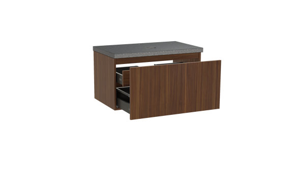 Balmani Sfera hängendes Möbelstück Set: 90 x 55 cm, Amerikanischer Nussbaum, mit Rock Einzel Waschtischplatte, Schwarzes Granit