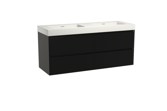 Storke Seda zwevend badkamermeubel 150 x 52 cm mat zwart met Mata High dubbele wastafel in solid surface mat wit