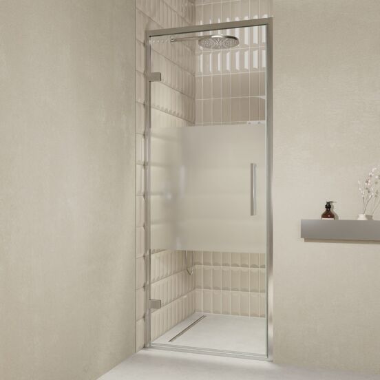 Balmani Senses Design douche draaideur links 90 cm x 210 cm Helder glas met matte strook, Chroom profielen, met coating