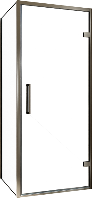 Balmani Senses Design douche en coin avec porte pivotante à droite et paroi latérale fixe, 90 x 90 cm, Verre transparent, Profil Brushed GunMetal