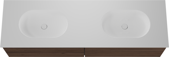 Balmani Forma zwevend badkamermeubel 180 x 55 cm amerikaanse notelaar met Tablo Oval dubbele wastafel in solid surface mat wit, Horizontale symmetrische rechte ribbel