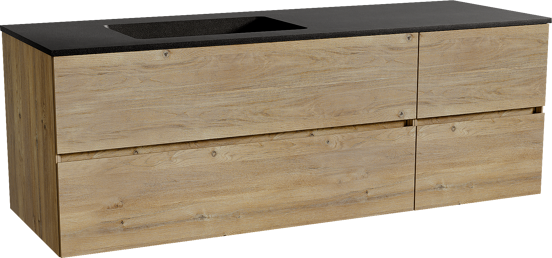 Storke Edge zwevend badmeubel 150 x 52 cm ruw eiken met Scuro asymmetrisch linkse wastafel in kwarts mat zwart