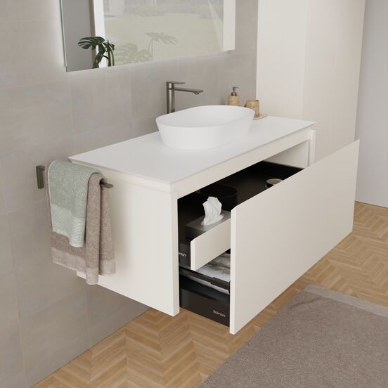 Balmani Eclips meuble salle de bains suspendu 120 x 55 cm Sandbeige avec Eclips tablette simple ou double en Solid Surface blanc mat