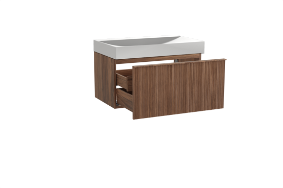Balmani Forma zwevend badkamermeubel 90 x 55 cm amerikaanse notelaar met Wave enkele wastafel in solid surface mat wit, Verticale asymmetrische ronde ribbel