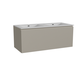 Storke Ribs meuble salle de bains suspendu 120 x 52 cm soie grise avec Diva double vasque en marbre composite blanc brillant, Nervure droite symétrique verticale