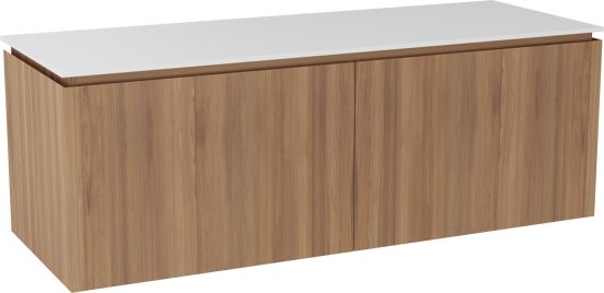 Balmani Eclips meuble salle de bains suspendu 150 x 55 cm Teck avec Stretto tablette simple ou double en Solid Surface blanc mat