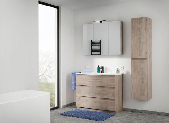 Linie Lado staande wastafelonderkast 100 x 46 cm grijze eik 3 lades
