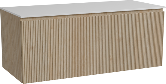 Storke Ribs hängendes Möbelstück Set: 120 x 52 cm, Rohe Eiche, mit Tavola Einzel- oder Doppel Waschtischplatte, Solid Surface, Weiß matt, Vertikale symmetrische gerade Rippe