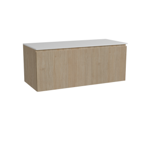 Storke Ribs meuble salle de bains suspendu 120 x 52 cm chêne brut avec Tavola tablette simple ou double en solid surface blanc mat, Nervure droite symétrique verticale