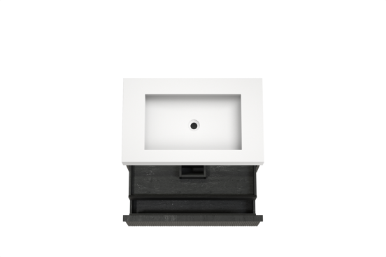 Balmani Forma zwevend badkamermeubel 90 x 55 cm zwarte eik met Modus enkele wastafel in solid surface mat wit, Verticale symmetrische rechte ribbel