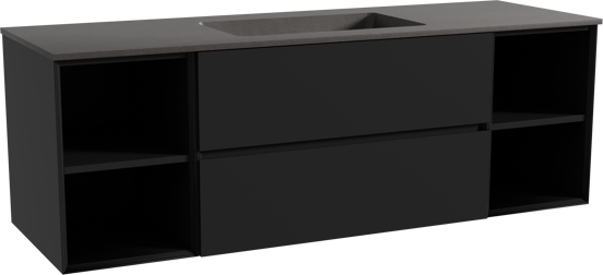 Storke Edge zwevend badmeubel 155 x 52 cm mat zwart met Scuro enkele wastafel in kwarts mat zwart