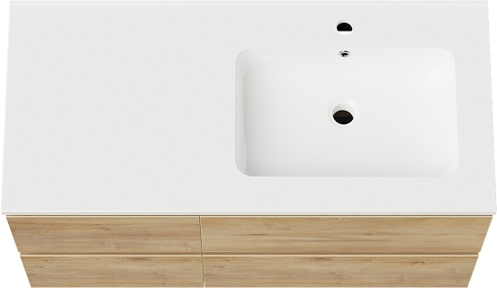 Linie Lado zwevend badmeubel 100 x 46 cm naturel eiken met Vano asymmetrisch rechtse wastafel in composietmarmer hoogglans wit