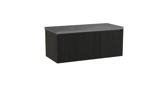 Balmani Fila zwevend badmeubel 120 x 55 cm zwart eiken met Rock asymmetrisch linkse wastafel in zwart graniet, Verticale symmetrische rechte ribbel