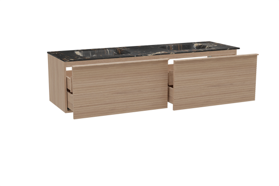 Balmani Forma zwevend badkamermeubel 180 x 55 cm natuur eik met Tablo Arcato dubbele wastafel in marmer portoro gold, Horizontale symmetrische rechte ribbel