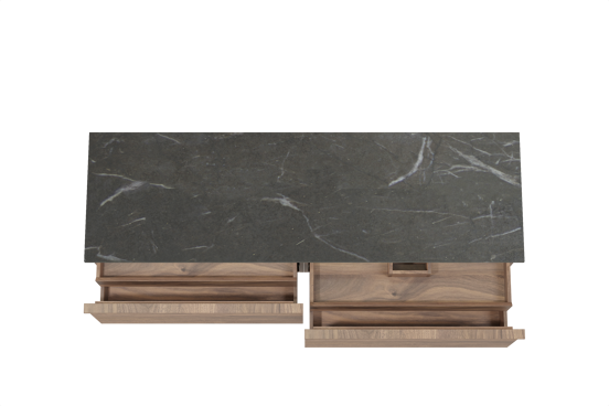 Balmani Forma hängendes Möbelstück Set: 180 x 55 cm, Amerikanischer Nussbaum, mit Stretto Einzel- oder Doppel Waschtischplatte, Marmor, Pietra Grey, Horizontale symmetrische gerade Rippe