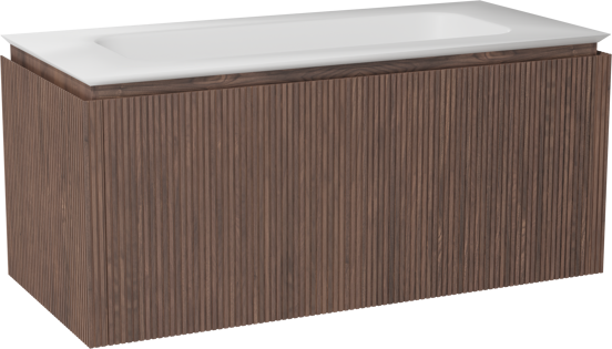 Balmani Eclips zwevend badkamermeubel 120 x 55 cm Amerikaanse notelaar met Eclips enkele wastafel in Solid Surface mat wit, Verticale symmetrische rechte ribbel