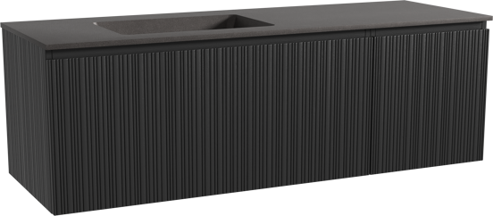 Storke Ribs zwevend badmeubel 150 x 52 cm zwart eiken met Scuro asymmetrisch linkse wastafel in kwarts mat zwart, Verticale asymmetrische rechte ribbel