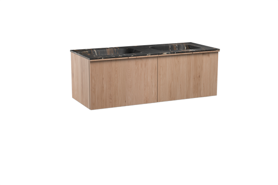 Balmani Forma zwevend badkamermeubel 135 x 55 cm natuur eik met Tablo Arcato dubbele wastafel in marmer portoro gold, Verticale symmetrische rechte ribbel