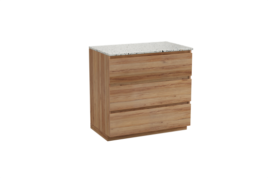 Balmani Lucida freistehendes Möbelstück Set: 90 x 55 cm, Teak, mit Stretto Einzel Waschtischplatte, Terrazzo in Weiß/Schwarz matt