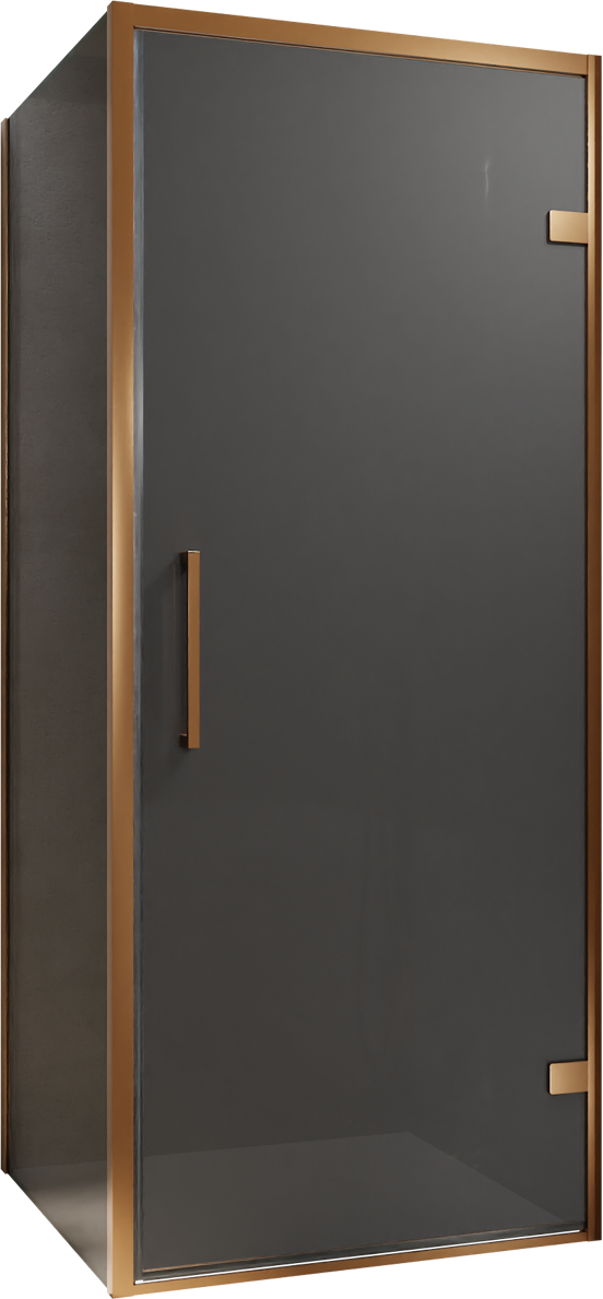 Balmani Senses Design douchecabine met rechtse draaideur en vaste zijwand, 90 x 80 cm, Rookglas, Brushed Rosegold profielen, met coating