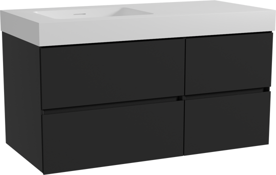 Storke Edge zwevend badmeubel 110 x 52 cm mat zwart met Mata High asymmetrisch linkse wastafel in solid surface mat wit