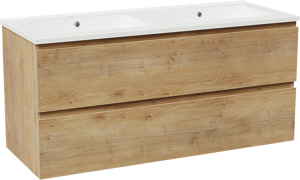 Linie Lado hängendes Möbelstück Set: 120 x 46 cm, Naturbelassene Eiche, mit Vano Doppelwaschtisch, Marmorkomposit Weiß glänzend