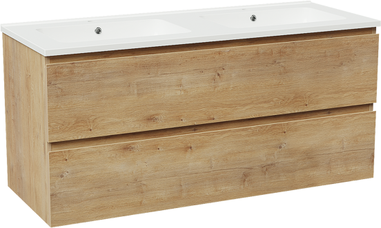 Linie Lado meuble salle de bains suspendu 120 x 46 cm chêne naturel avec Vano double vasque en marbre composite blanc brillant