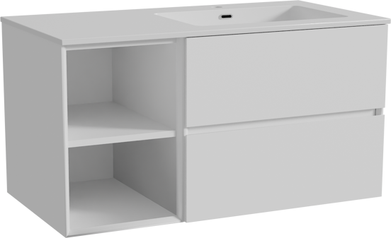 Storke Edge zwevend badmeubel 100 x 52 cm mat wit met Diva asymmetrisch rechtse wastafel in composietmarmer hoogglans wit