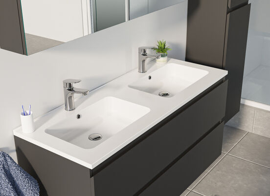 Linie Lado meuble sous-lavabo suspendu 120 x 46 cm noir mat 2 tiroirs 2 découpés de siphon