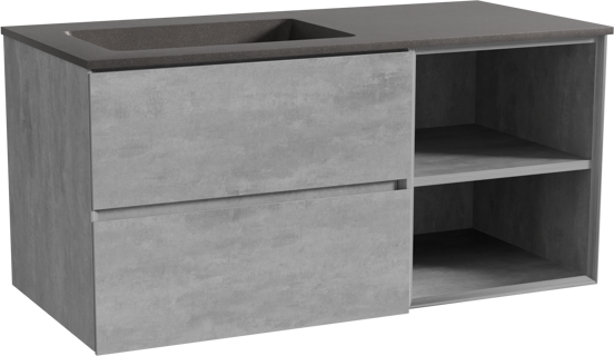 Storke Edge zwevend badmeubel 110 x 52 cm beton donkergrijs met Scuro asymmetrisch linkse wastafel in kwarts mat zwart