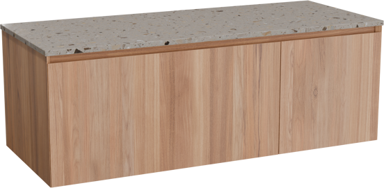 Balmani Idra meuble salle de bains suspendu 135 x 55 cm teck avec Stretto tablette simple ou double en terrazzo greige terrazzo
