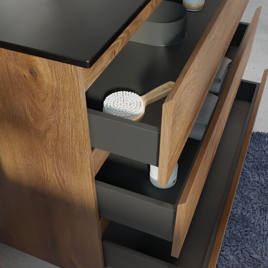 Linie Lado staand badmeubel 80 x 46 cm bruin eiken met Baro enkele wastafel in porselein mat zwart