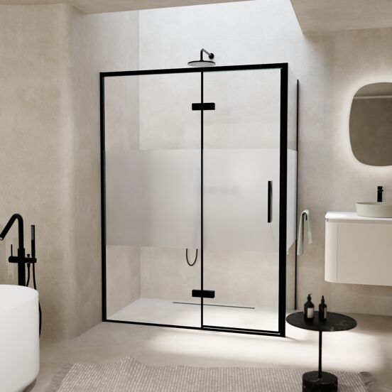 Balmani Senses Design douche en coin avec porte pivotante à gauche et paroi latérale fixe, 140 x 80 cm, Verre transparent avec bande matte, Profil noir