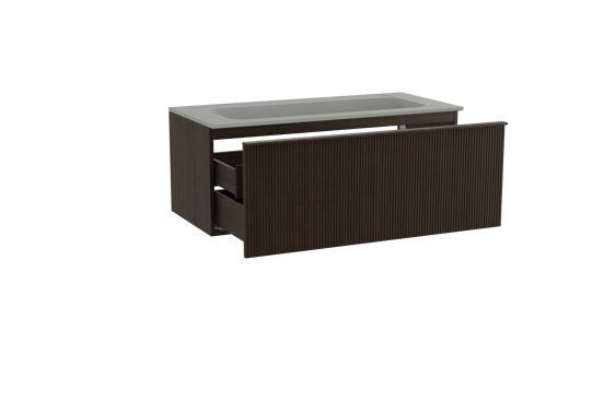 Balmani Forma zwevend badkamermeubel 120 x 55 cm gerookte eik met Tablo Strada enkele wastafel voor 2 kraangaten in composietmarmer zijdegrijs, Verticale symmetrische rechte ribbel