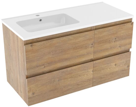 Linie Lado zwevend badmeubel 100 x 46 cm naturel eiken met Vano asymmetrisch linkse wastafel in composietmarmer hoogglans wit