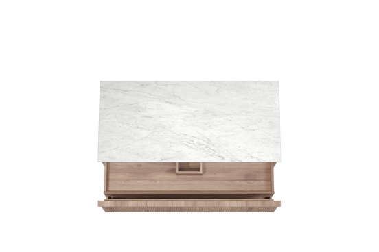 Balmani Forma zwevend badkamermeubel 120 x 55 cm teak met Stretto enkel of dubbel tablet in marmer carrara, Verticale symmetrische rechte ribbel