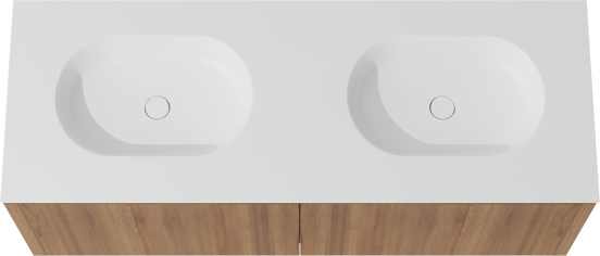 Balmani Eclips zwevend badkamermeubel 150 x 55 cm Teak met Tablo Oval dubbele wastafel in Solid Surface mat wit