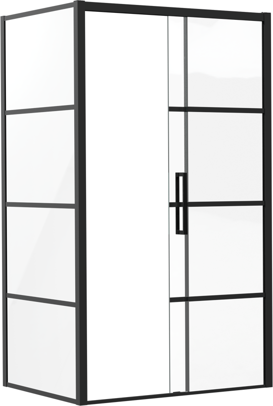 Luca Varess Senses Eckdusche: Schiebetür (rechts), fixierte Seitenwand, 120 x 90 cm, Lined Glas, Schwarzes Profil, matt