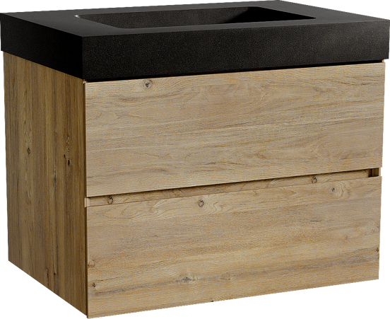 Storke Edge meuble salle de bains suspendu 75 x 52 cm chêne brut avec Scuro High plan simple en quartz noir mat