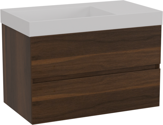 Storke Edge zwevend badkamermeubel 80 x 46 cm notelaar met Jura asymmetrisch linkse wastafel in solid surface mat wit