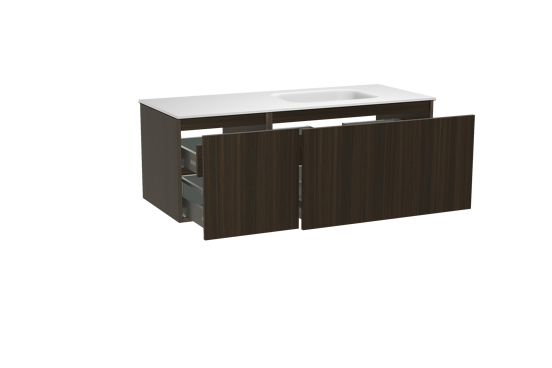Balmani Sfera meuble salle de bains suspendu 135 x 55 cm eucalyptus avec Tablo Arcato plan vasque asymétrique à droite en solid surface blanc mat
