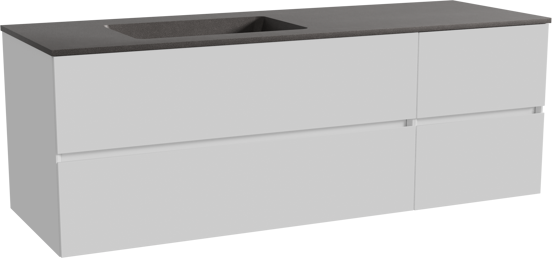 Storke Edge zwevend badmeubel 150 x 52 cm hoogglans wit met Scuro asymmetrisch linkse wastafel in kwarts mat zwart