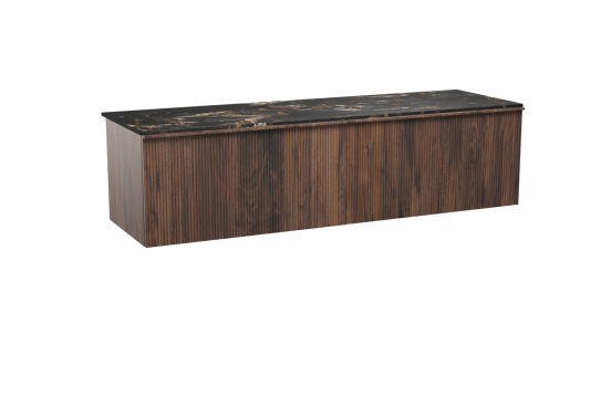 Balmani Forma zwevend badkamermeubel 180 x 55 cm amerikaanse notelaar met Stretto enkel of dubbel tablet in marmer portoro gold, Verticale symmetrische rechte ribbel