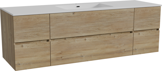Storke Edge zwevend badmeubel 165 x 52 cm ruw eiken met Diva enkele wastafel in composietmarmer hoogglans wit