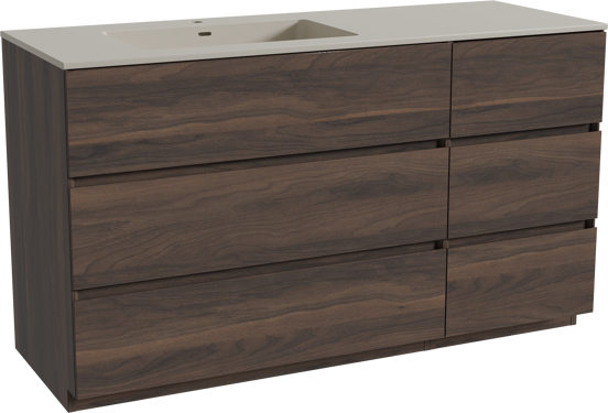 Storke Edge staand badkamermeubel 140 x 52 cm notelaar met Diva asymmetrisch linkse wastafel in top solid zijdegrijs