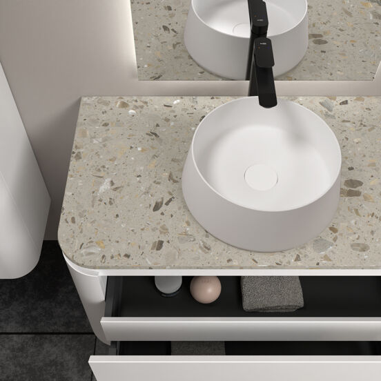 Balmani Moon hängendes Möbelstück Set: 100 x 55 cm, Weiß matt, mit Moon Einzel Waschtischplatte, Terrazzo in Greige